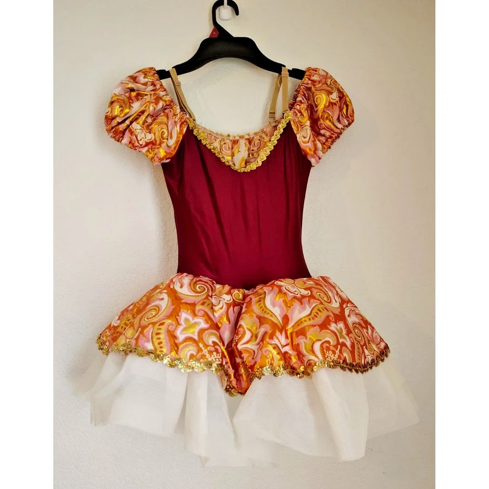 Revolution Dancewear Wine Gold Ivory Broque Ballet Dance Costume Child's XL
